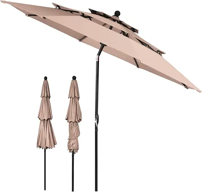 Zdjęcie produktu dla Parasol KOMFOTTEU, potrójny parasol ogrodowy z ręczną korbą i regulowanym nachyleniem, parasol plażowy, parasol rynkowy, 127 x 63 x 88 cm, do ogrodu, basenu, kawiarni