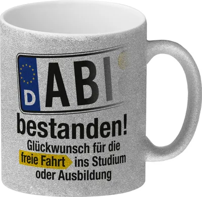 Produktbild von ABI bestanden Glitzer-Kaffeebecher mit Spruch freie Fahrt