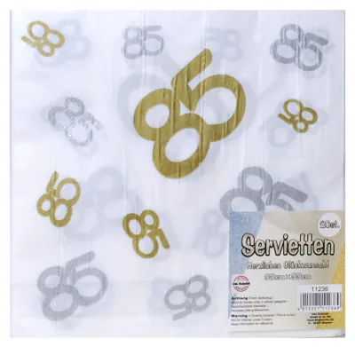 Produktbild von Servietten zum 85. Geburtstag,  silber/gold, 20-tlg. Aus Papier, 33x33cm