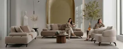 Obrázek produktu pro Nábytek do obývacího pokoje, moderní styl, béžová barva, dřevěná konstrukce, pohodlný a relaxační