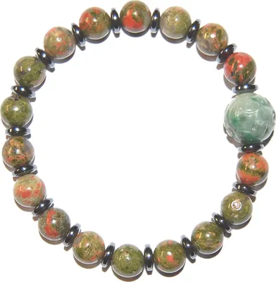 Produktbild von Edelstein-Armband, Jadekugel graviert, Unakit mit Hämatin-Scheiben, Ø 8 mm