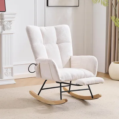 Produktbild von Schaukelstuhl fürs Kinderzimmer mit Airbag, bequemer Schaukel-Lesesessel für drinnen, Wohnzimmer, Schlafzimmer, Büro (Chenille, Weiß)