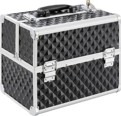 Produktbild von Kozmetický kufrík AREBOS, kozmetický kufrík, 15 l, 5 priehradiek, hliník, diamantový vzor, vrátane zámku a kľúča, zamatová vložka, 32 x 27 x 22 cm, čierny