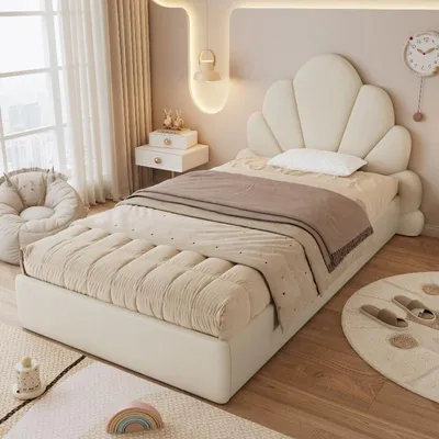 Immagine prodotto di Letto imbottito 90x200 cm, color beige, rivestito in velluto, con testiera a forma di fiore e contenitore laterale. Struttura del letto adatta per camere da letto per bambini o adolescenti