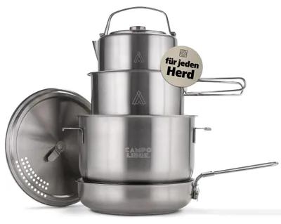 Imagen del producto de Campo Libre®.® Juego de cocina para camping Enzo I. Fabricado en acero inoxidable I Juego de cocina compacto para camping I Utensilios de cocina para actividades al aire libre, apto para inducción I Olla y sartén para camping I Perfecto para cocinas de camping I ENZO L
