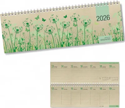 Produktbild von Zettler Tischquerkalender 1W/2S Graspapier 2026 - Wochenkalender 32 × 11 cm, 1 Woche auf 2 Seiten, nachhaltiger Bürokalender mit Stundeneinteilung 8-20 Uhr & 4-sprachigem Kalendarium
