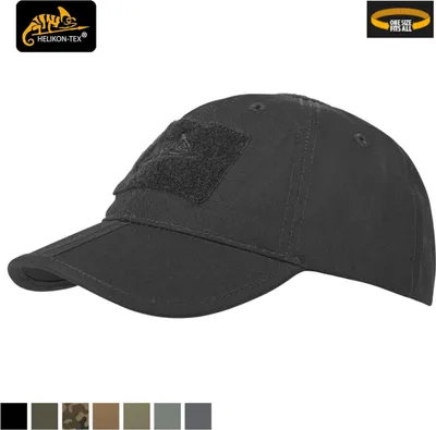A black baseball cap with a velcro patch on the front, displayed against a white background. Below the cap are swatches of different available colors.