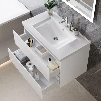 Produktbild von 80 cm Badmöbel-Set Unterschrank mit Keramik waschtisch 2 Schubladen soft-close Hochglanz Weiß Selbstmontierter