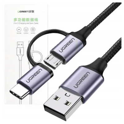 Image de Ugreen Cable 2W1 Usb - Micro Usb / Usb Type C 1M 2,4A Noir (30875)