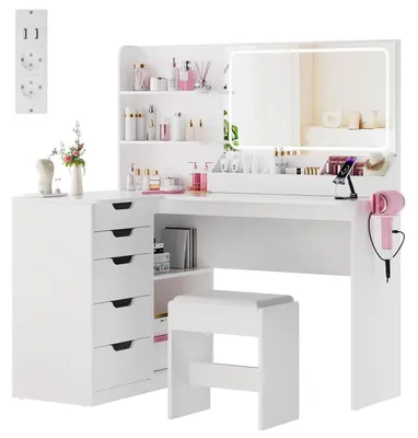Obrázok produktu pre Toaletný stolík s LED osvetlením a zásuvkou, 5 zásuviek, biela farba, rozmer 120x65x136 cm