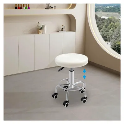 Produktbild von Ergonomischer Rollhocker mit Rückenlehne, 360° drehbar und höhenverstellbar, komfortabler Kunstleder Arbeitshocker mit Rollen für Friseur, Kosmetik, Tattoo, Praxis und Büro in Weiß