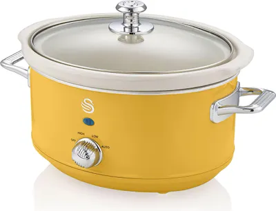 Zdjęcie produktu dla SWAN SF17021YELNEW Retro Slow Cooker 3,5L, nieprzywierająca ceramika wolna od PFOA i PTFE, Vintage Yellow