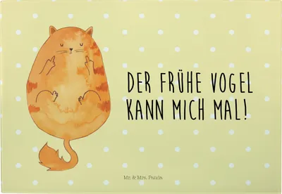 Produktbild von Mr. & Mrs. Panda Frühstücksbrett Katze Frühaufsteher - Gelb Pastell - Geschenk, jausenbrett, Mittelfinger, Schneidebrett, schneidbrett, Genervt, Kaffee, Verschlafen, Glas