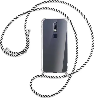 Produktbild von Handykette Backcover-Schutzhülle mit Band (Metall silberfarben) für Nokia 7.1 - schwarz/weiß gestreift