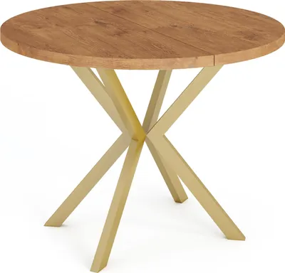Obrázek produktu pro Kulatý rozkládací jídelní stůl se zlatými X-rámovými nohami - ⌀ 120-200 cm - loftový industriální design - pro 8-12 osob - hnědý