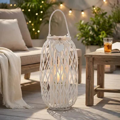 Immagine prodotto di Milani Home - lanterna in vimini e vetro bianca, portacandela da giardino, diametro 38 x 86 cm