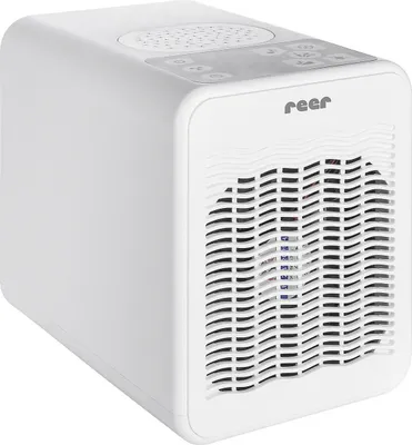 A white air purifier is shown from a three-quarter angle against a white background.
