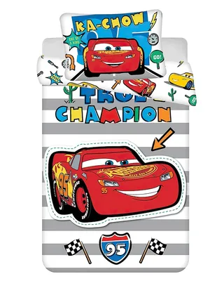Produktbild von Kinder Baby Bettwäsche Set Disney Pixar Cars Lightning McQueen True Champion Bettdecke 100 x 135 cm, Kopfkissen 40 x 60 cm, 100 % Baumwolle