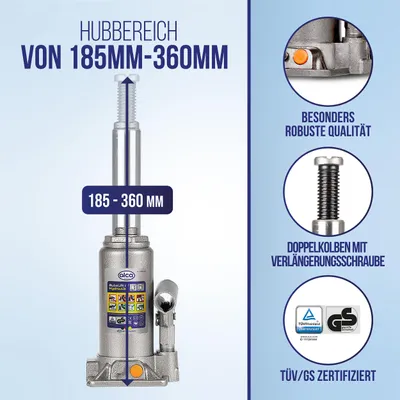 Produktbild von alca® Hydraulischer Unterstellheber 8t Hubhöhe 185-360mm + Gummiauflage M – Set für SUV, Transporter & Wohnmobile, Doppelkolben, GS & , präzise Höhenverstellung, Anti-Rutsch