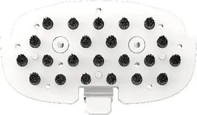 A white brush head with multiple black bristles, arranged in rows on a white plastic base. The brush head has a central circular opening and two smaller circular openings on either side.