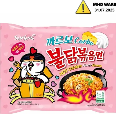 A pink package of Samyang Buldak Hot Chicken Carbonara Ramen.