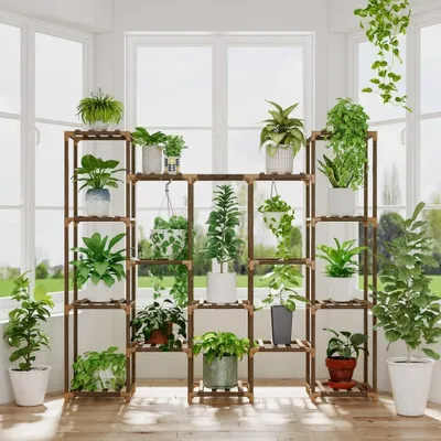Image de Grand support pour plantes d'intérieur et d'extérieur, support à fleurs en bois, étagère pour 14 pots, pour le salon, la terrasse, le balcon et le jardin (140 x 30 x 119 cm)