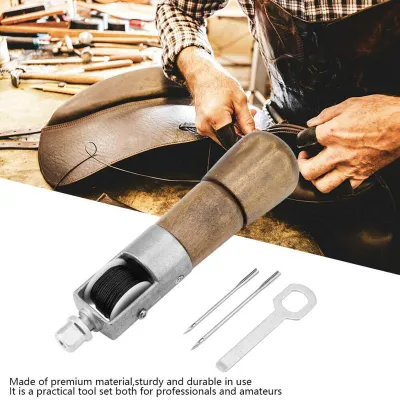 Image de Kit d'outils pour le travail du cuir : poinçon à couture à verrouillage automatique, clé, 2 aiguilles et fil noir