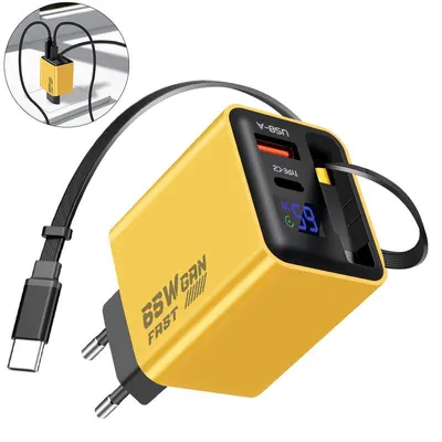 Produktbild von 65W GaN 3-in-1 Ladegerät USB-C mit einziehbarem Kabel 65cm, USB-C + USB-A, gelb – für MacBook, iPhone, Galaxy, Switch