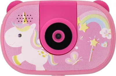 A pink digital camera for children decorated with a unicorn, rainbow, and stars.