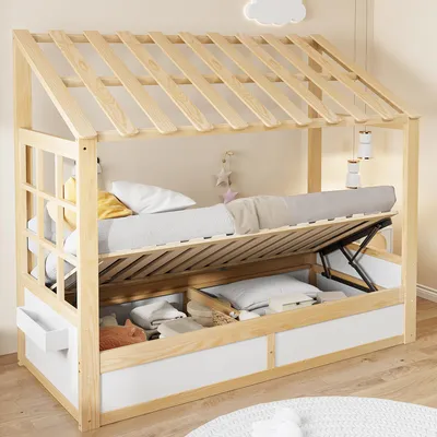 Productafbeelding van okwish Jugendbed 90x200 met matras en hemelbed, eenpersoonsbed met opbergruimte en zijvakken, houten bed in natuurlijke kleur