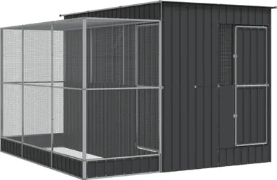 A dark gray metal aviary with a large mesh enclosure attached to one side.