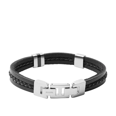 A black leather bracelet with a silver clasp is shown against a white background.