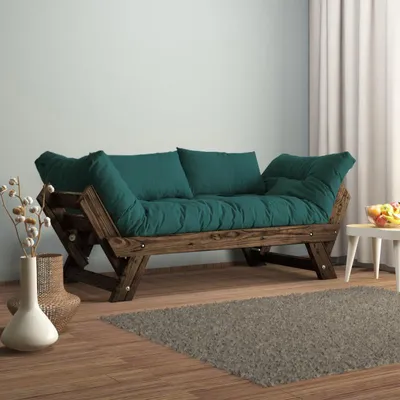 Image de Canapé de jardin 2 places en bois de pin et lin noyer et vert pétrole - L 180 à 210 × P 75 cm - Imperméable