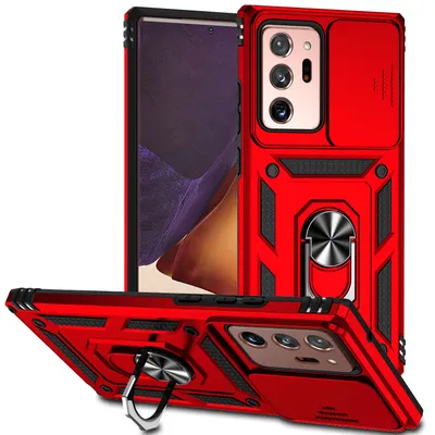 Immagine prodotto di Custodia per Samsung Galaxy Note 20 Ultra 5G a doppio strato con copertura scorrevole della fotocamera e supporto ad anello rosso
