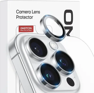 A close-up product shot of a camera lens protector for an iPhone.