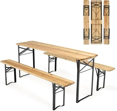 Produktbild von Bierzeltgarnitur 3 teilig klappbar Festzeltgarnitur 2 x Bierbänke 1 x Biertisch Picknicktisch 177x46x75 cm Campingtisch Stehtisch Sitzgarnitur Massivholz Metallrahmen Biergarten Biergarnitur