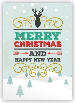 Produktbild von 4x Edle typografische Retro Weihnachtskarte mit Hirsch: Merry Christmas and happy new year