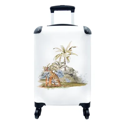 Produktbild von MuchoWow® Koffer Handgepäck Trolley Rollkoffer Kleine Reisekoffer mit 4 Rollen - Tiger - Pflanzen - Weiß - Cabin Size < 55x40x23 cm & 55x40x20 cm - Fotokoffer - Kabinenkoffer - Boardgepäck - Reise-Box - Reisekoffer - Reisegepäck - Koffer mit Bild - Trolley für Kinder