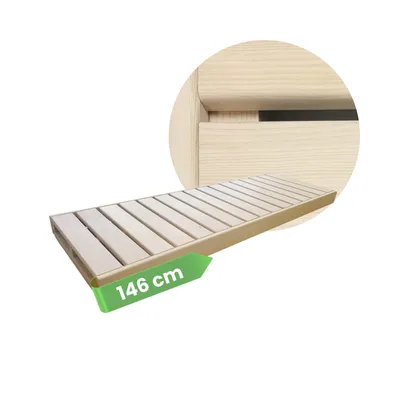 A wooden slatted bench, likely for a sauna, shown from a diagonal angle with a close-up inset of its construction.