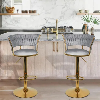 Produktbild von 2er Set Barhocker Barstuhl aus Samt Tresenhocker Bistrohocker Hocker mit Lehne Drehstuhl Barhocker Höhenverstellbar für Küche/Hausbar (Grau)