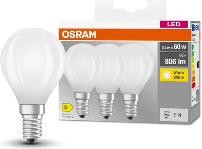 Produktbild von OSRAM HOMELIGHTING 4058075592599 LED (monochrome) EEC D (A - G) E14 Teardrop shape 5.5 W = 60 W Warm white (Ø x H) 45 mm x 45 mm 3 pc(s)