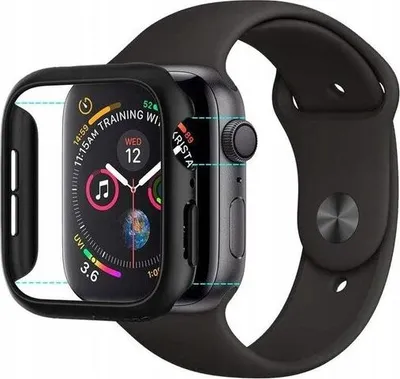 A black Apple Watch with a protective case is shown. The watch face displays time, date, and activity information.