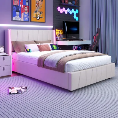 Immagine prodotto di Giroletto AIORBER, 140x200cm, testata con striscia LED a 16 colori, 2 connessioni USB e 1 Type-C, letto a molle idrauliche con contenitore, velluto