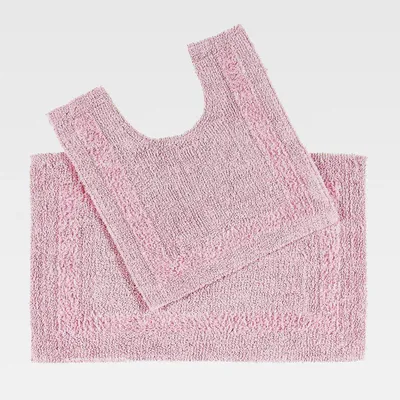 Produktbild von 2-TLG. Badematten-Set rosa, Badematte 50x80 cm & WC-Vorleger mit Ausschnitt 50x55 cm, Baumwoll-Badteppiche mit Wende-Design