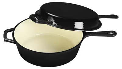 Productafbeelding van Echtwerk Schmortopf Grillpan 2-in-1 set, gietijzeren braadpan met deksel, gietijzeren pan met emaille coating, geschikt voor barbecue en inductie, grijs, 2,5 liter, kleur: zwart