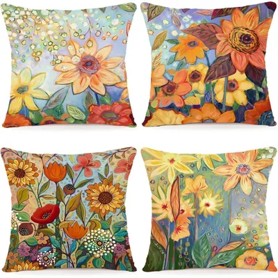 Produktbild von Kissenbezüge 45x45 cm Aquarell Blumen Leinen-Mischgewebe 4er Set Outdoor Wohnzimmer