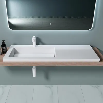Image de doporro Lavabo à Encastrer Blanc Vasque en Fonte Minérale Lave Mains Rectangulaire de Qualité pour Salle de Bain 120x46x14cm Colossum820