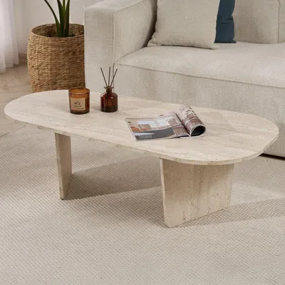 Image de Table basse Dozza, 130x65x40h cm Blanc Marbre, Forme Ovale