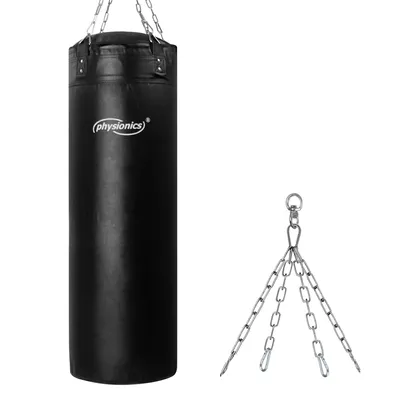 Produktbild von Physionics® Boxsack für Erwachsene  - Gefüllt, 30kg, H120cm, 4-Punkt-Stahlkette & Karabinerhaken - Punchingsäcke, Sandsack hängend