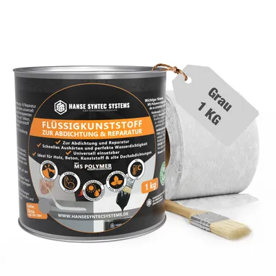 Produktbild von Flüssigfolie Dicht Set DIY 1kg Grau inkl. Pinsel & Vlies – Abdichtung Set sofort dicht, 3-fach Ergiebigkeit, lösemittel- & bitumenfrei